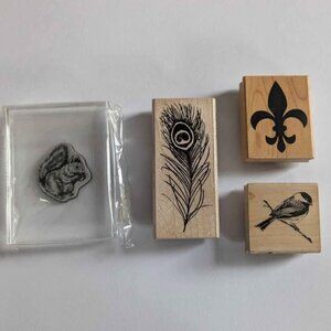 Collection of Four Stamps - Fleur de Lis, Squirrel, Bird, Feather Art and Craft